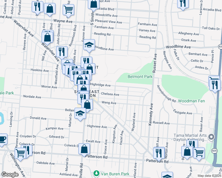 map of restaurants, bars, coffee shops, grocery stores, and more near 935 Chelsea Avenue in Dayton