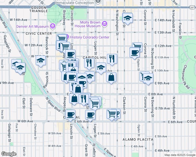 map of restaurants, bars, coffee shops, grocery stores, and more near 930 Logan Street in Denver