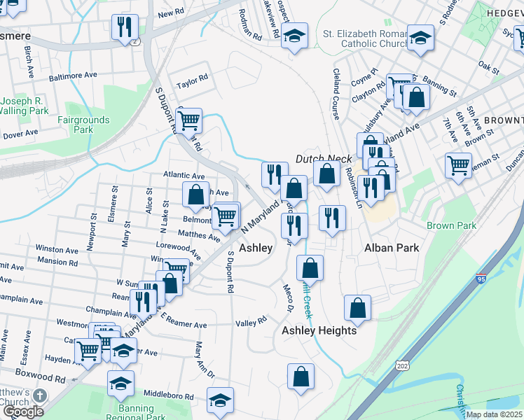 map of restaurants, bars, coffee shops, grocery stores, and more near 227 North Maryland Avenue in Wilmington