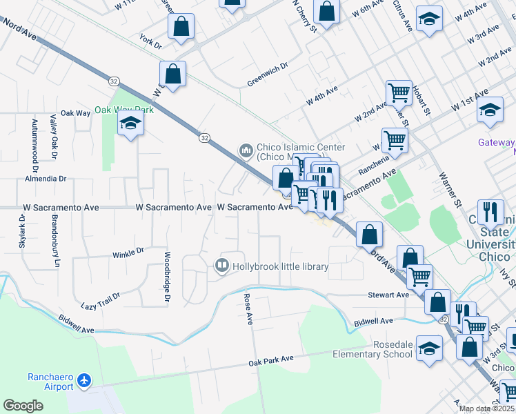map of restaurants, bars, coffee shops, grocery stores, and more near West Sacramento Avenue & Oak Lawn Avenue in Chico
