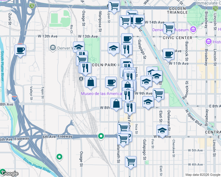 map of restaurants, bars, coffee shops, grocery stores, and more near 888 Lipan Street in Denver