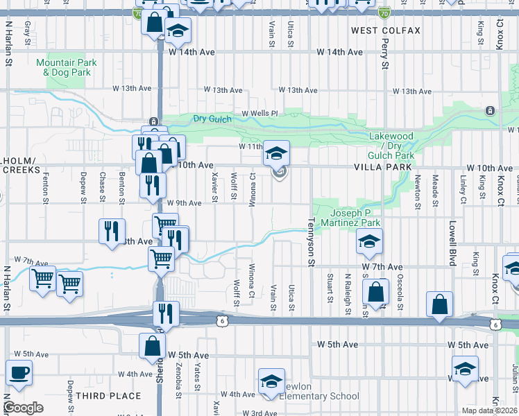 map of restaurants, bars, coffee shops, grocery stores, and more near 4600 West 9th Avenue in Denver