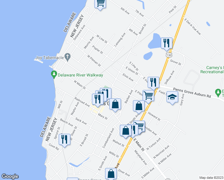map of restaurants, bars, coffee shops, grocery stores, and more near 39 Broad Street in Penns Grove