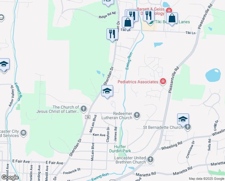 map of restaurants, bars, coffee shops, grocery stores, and more near 1238 Sheridan Drive in Lancaster