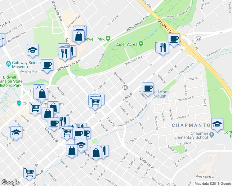 map of restaurants, bars, coffee shops, grocery stores, and more near 882 East 8th Street in Chico