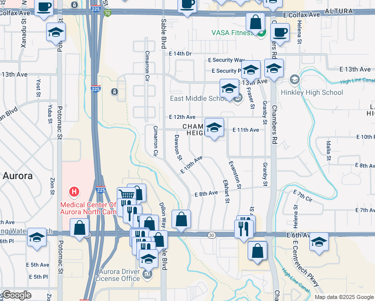 map of restaurants, bars, coffee shops, grocery stores, and more near 1007 Dearborn Street in Aurora