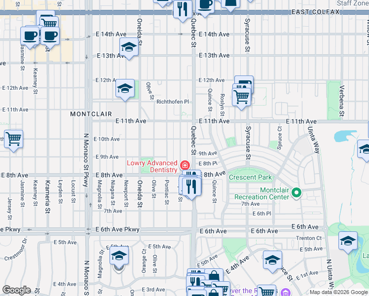 map of restaurants, bars, coffee shops, grocery stores, and more near 871 Quebec Street in Denver