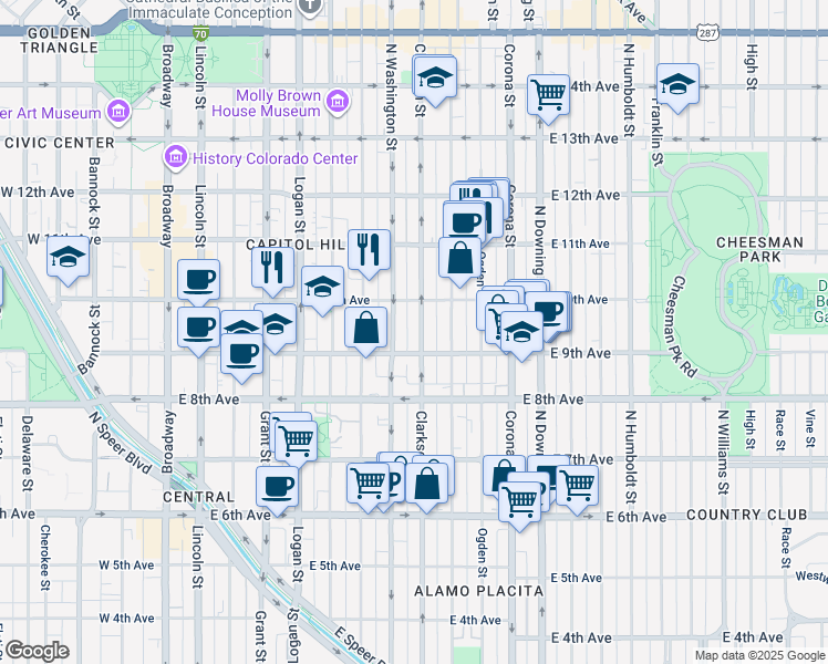 map of restaurants, bars, coffee shops, grocery stores, and more near 900 North Clarkson street in Denver