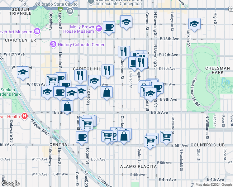 map of restaurants, bars, coffee shops, grocery stores, and more near 901 North Washington Street in Denver