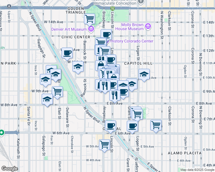 map of restaurants, bars, coffee shops, grocery stores, and more near 925 Lincoln Street in Denver