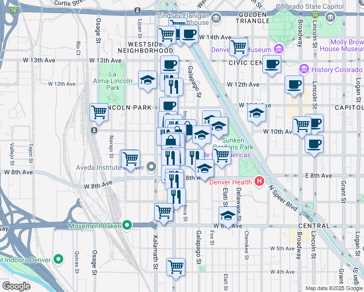 map of restaurants, bars, coffee shops, grocery stores, and more near 900 Santa Fe Drive in Denver