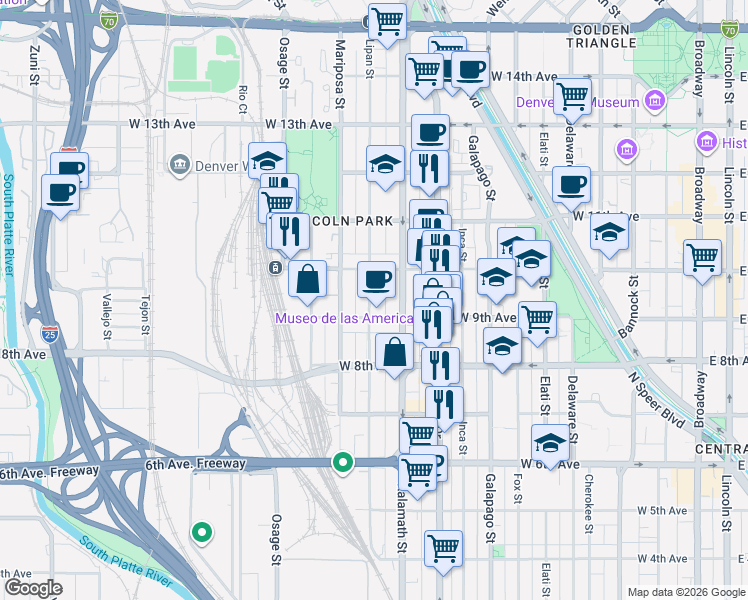 map of restaurants, bars, coffee shops, grocery stores, and more near 888 Lipan Street in Denver