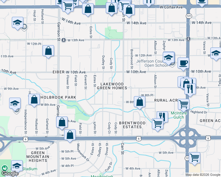 map of restaurants, bars, coffee shops, grocery stores, and more near 8555 West 8th Avenue in Lakewood