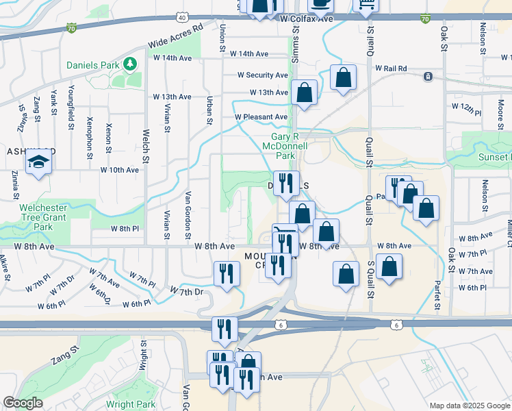 map of restaurants, bars, coffee shops, grocery stores, and more near 895 Tabor Street in Golden