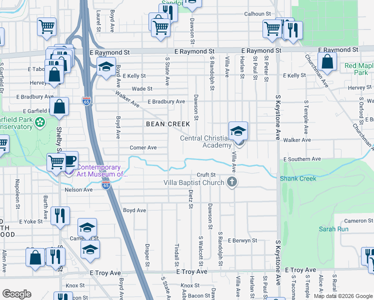 map of restaurants, bars, coffee shops, grocery stores, and more near 2543 Walker Place in Indianapolis