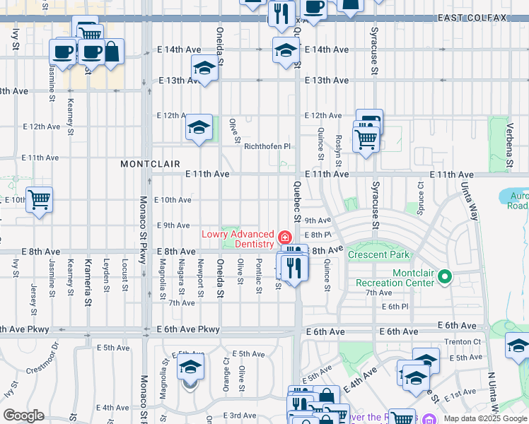 map of restaurants, bars, coffee shops, grocery stores, and more near 872 Pontiac Street in Denver