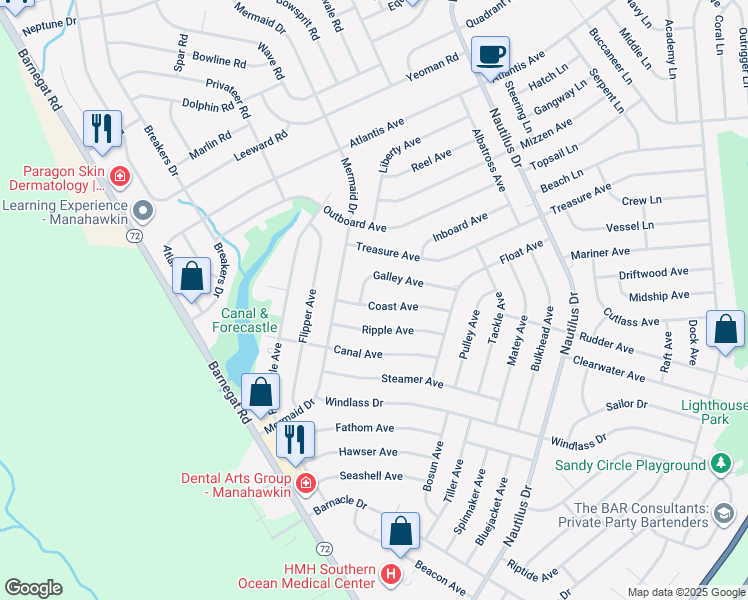 map of restaurants, bars, coffee shops, grocery stores, and more near 1214 Coast Avenue in Stafford Township