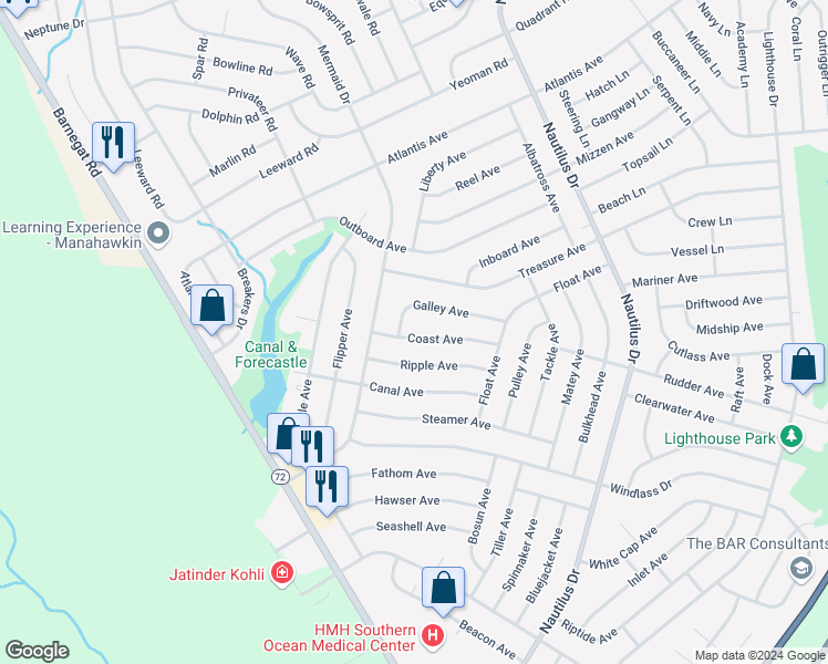 map of restaurants, bars, coffee shops, grocery stores, and more near 1214 Coast Avenue in Stafford Township