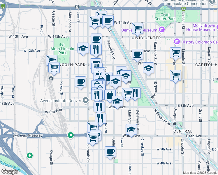 map of restaurants, bars, coffee shops, grocery stores, and more near 718 West 9th Avenue in Denver