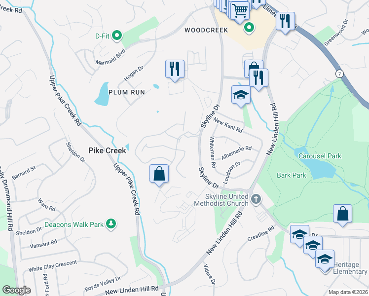 map of restaurants, bars, coffee shops, grocery stores, and more near 3246 Brookline Drive in Wilmington