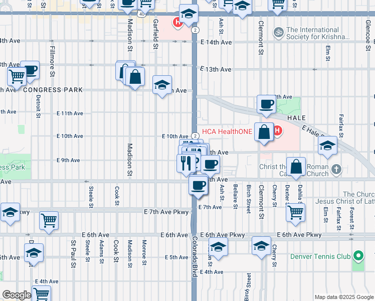 map of restaurants, bars, coffee shops, grocery stores, and more near 901 Colorado Boulevard in Denver