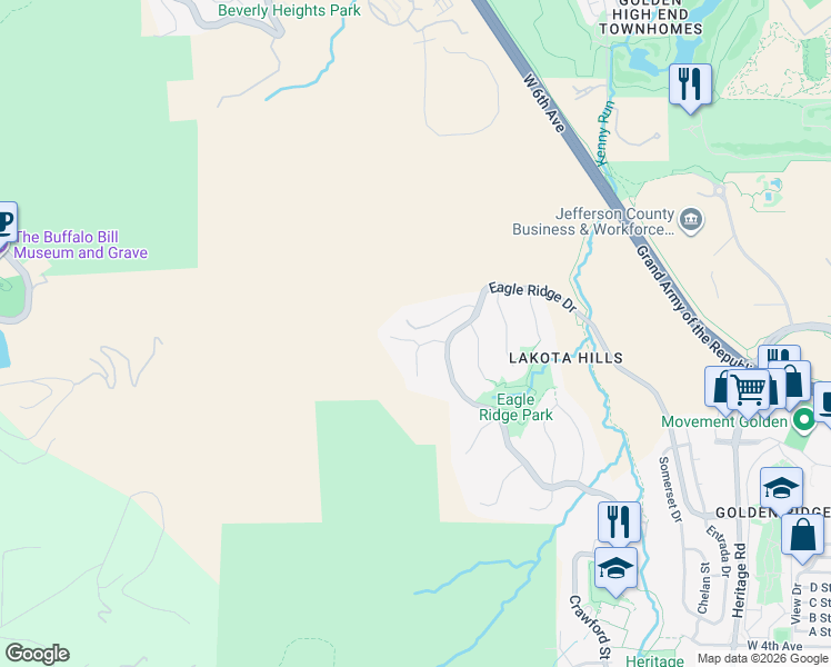 map of restaurants, bars, coffee shops, grocery stores, and more near 832 Marston Trail in Golden