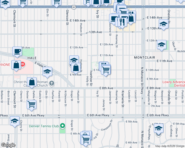 map of restaurants, bars, coffee shops, grocery stores, and more near 918 Ivanhoe Street in Denver