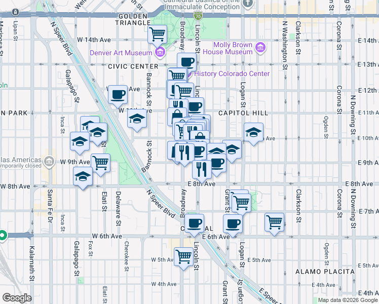 map of restaurants, bars, coffee shops, grocery stores, and more near 925 Lincoln Street in Denver