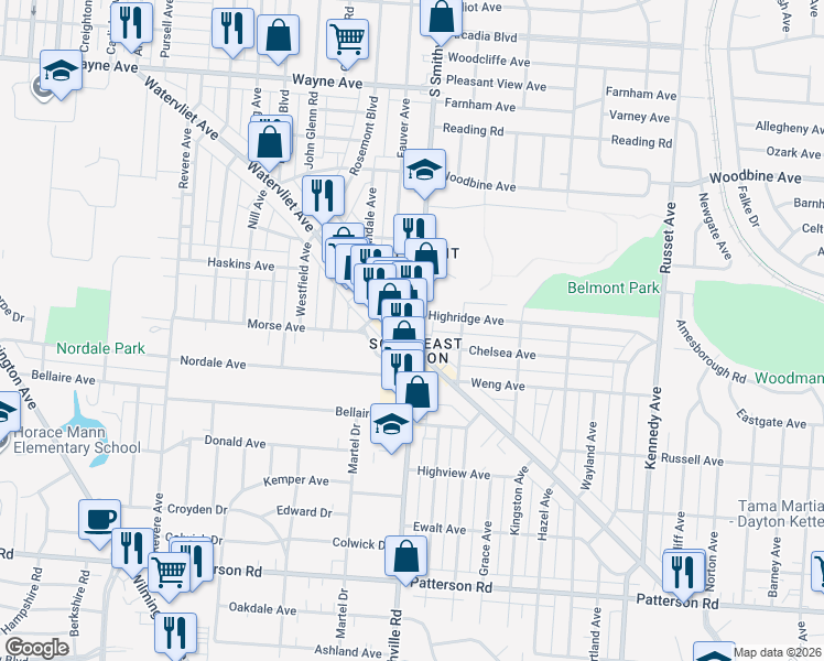 map of restaurants, bars, coffee shops, grocery stores, and more near in Dayton