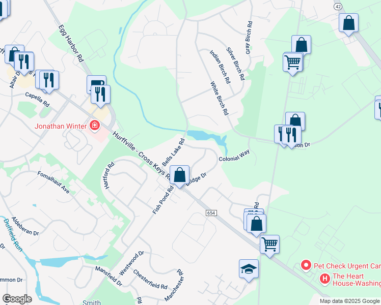 map of restaurants, bars, coffee shops, grocery stores, and more near 8 Timber Hill Court in Washington Township