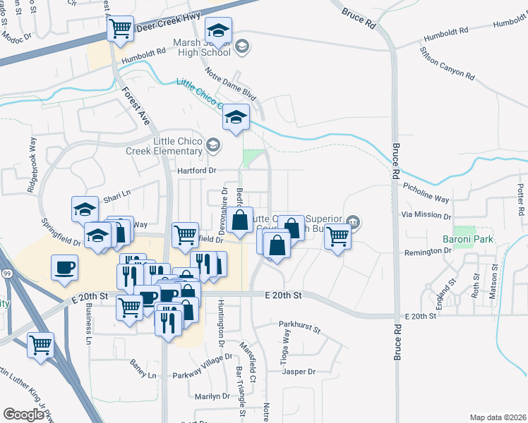 map of restaurants, bars, coffee shops, grocery stores, and more near 1812 Notre Dame Boulevard in Chico
