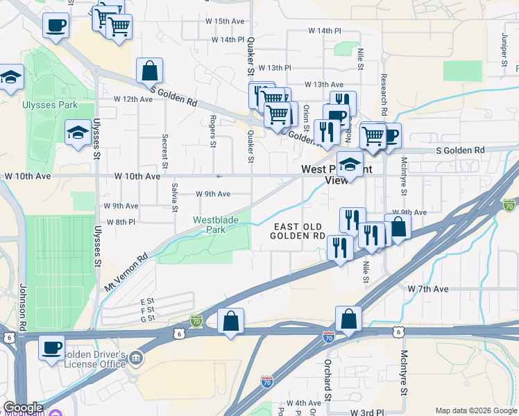 map of restaurants, bars, coffee shops, grocery stores, and more near 16380 Mount Vernon Road in Golden