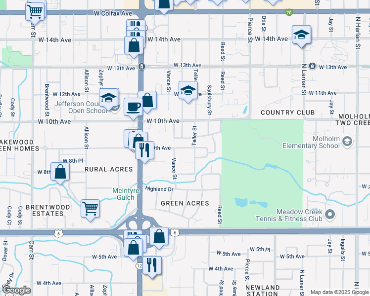 map of restaurants, bars, coffee shops, grocery stores, and more near 7206 West 9th Avenue in Lakewood
