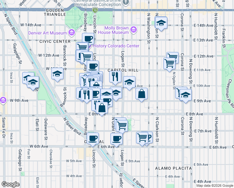 map of restaurants, bars, coffee shops, grocery stores, and more near 325 East 9th Avenue in Denver