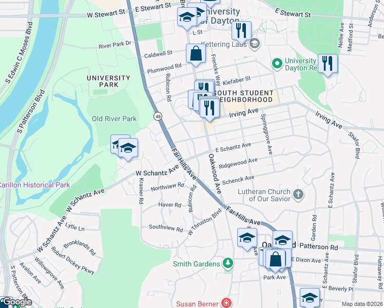 map of restaurants, bars, coffee shops, grocery stores, and more near 25 East Schantz Avenue in Dayton