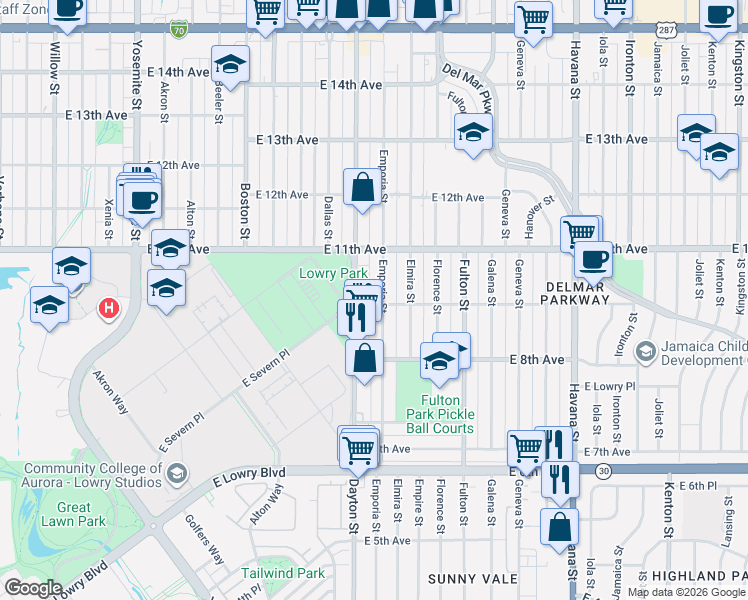 map of restaurants, bars, coffee shops, grocery stores, and more near 988 Emporia Street in Aurora