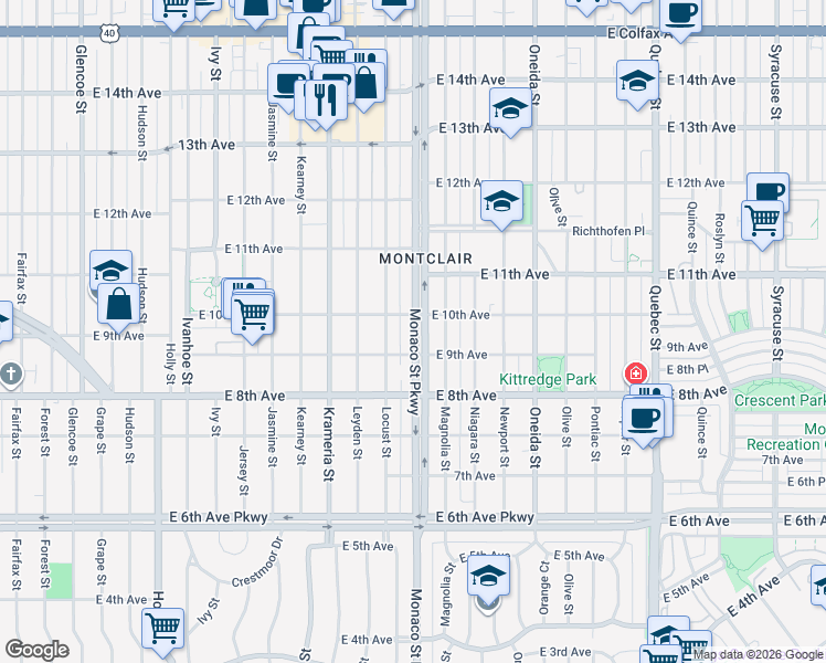 map of restaurants, bars, coffee shops, grocery stores, and more near 7653 East 1st Place in Denver