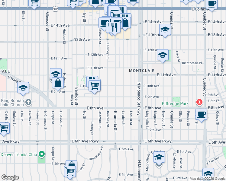 map of restaurants, bars, coffee shops, grocery stores, and more near 860 Krameria Street in Denver