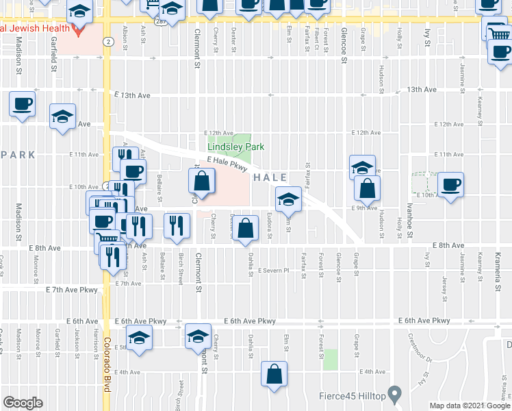 map of restaurants, bars, coffee shops, grocery stores, and more near 873 Eudora Street in Denver