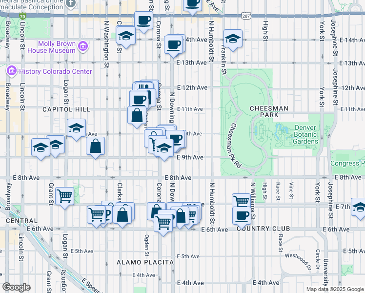 map of restaurants, bars, coffee shops, grocery stores, and more near 1301 East 9th Avenue in Denver