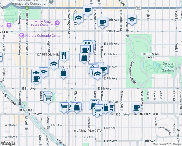 map of restaurants, bars, coffee shops, grocery stores, and more near 1021 East 9th Avenue in Denver