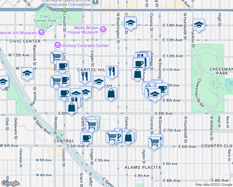 map of restaurants, bars, coffee shops, grocery stores, and more near 901 North Washington Street in Denver