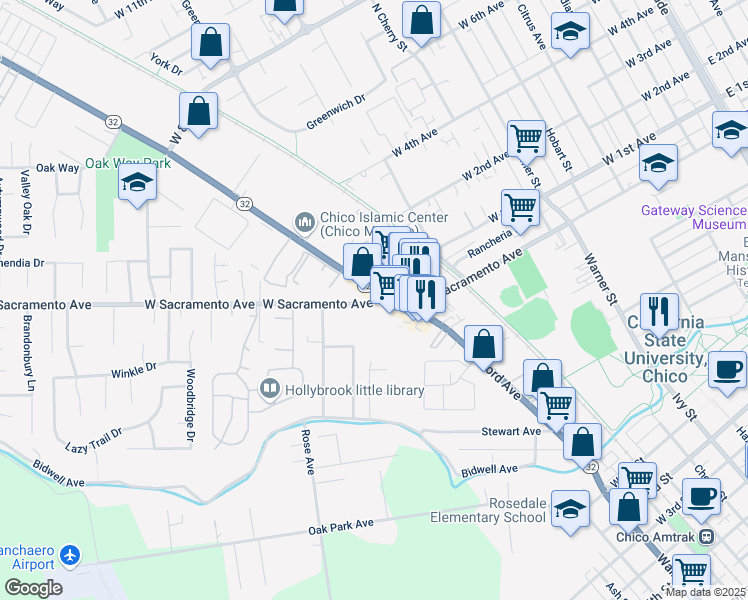 map of restaurants, bars, coffee shops, grocery stores, and more near 995 Nord Avenue in Chico