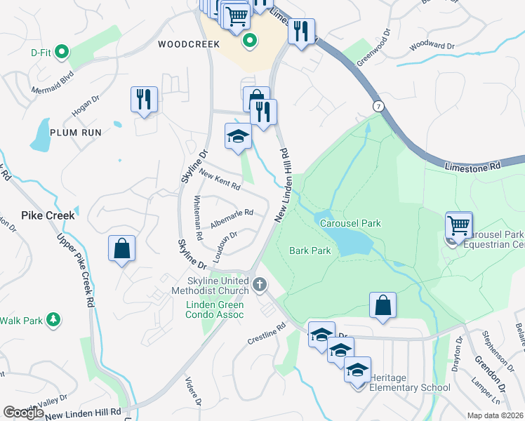 map of restaurants, bars, coffee shops, grocery stores, and more near 3100 Loudoun Drive in Wilmington