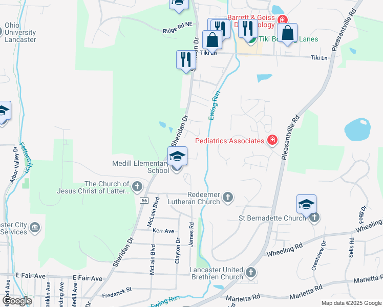 map of restaurants, bars, coffee shops, grocery stores, and more near 1238 Sheridan Drive in Lancaster