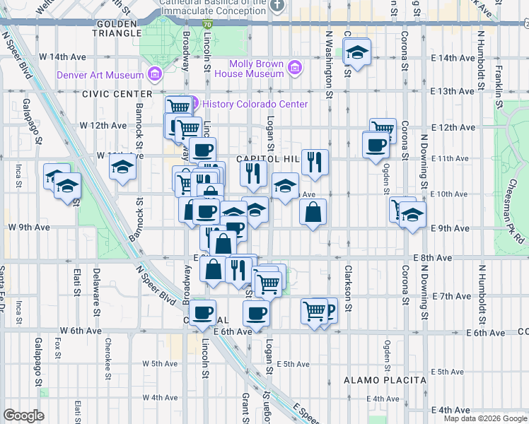 map of restaurants, bars, coffee shops, grocery stores, and more near 1037 Broadway in Denver