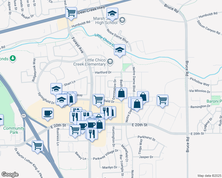 map of restaurants, bars, coffee shops, grocery stores, and more near 2067 Chadwick Drive in Chico