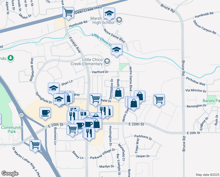 map of restaurants, bars, coffee shops, grocery stores, and more near 2071 Chadwick Drive in Chico