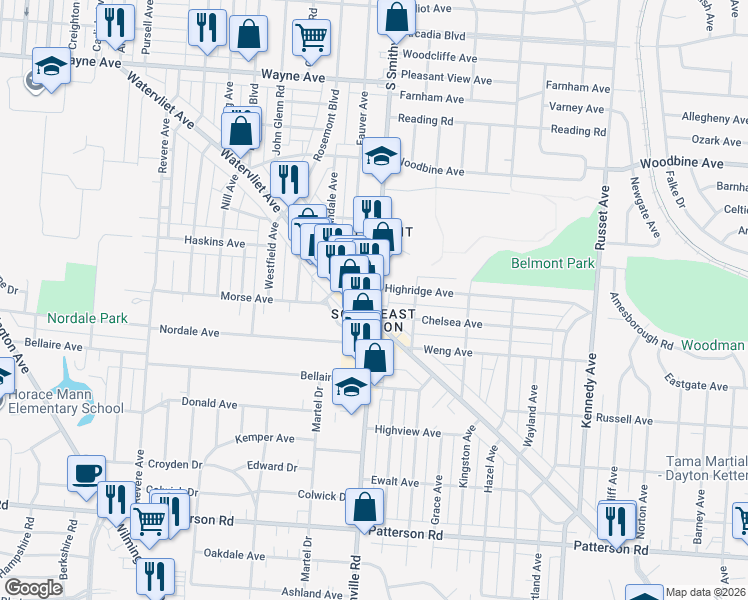 map of restaurants, bars, coffee shops, grocery stores, and more near in Dayton