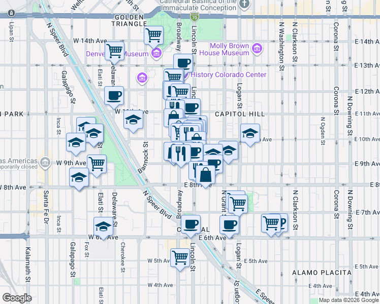 map of restaurants, bars, coffee shops, grocery stores, and more near 925 Lincoln Street in Denver